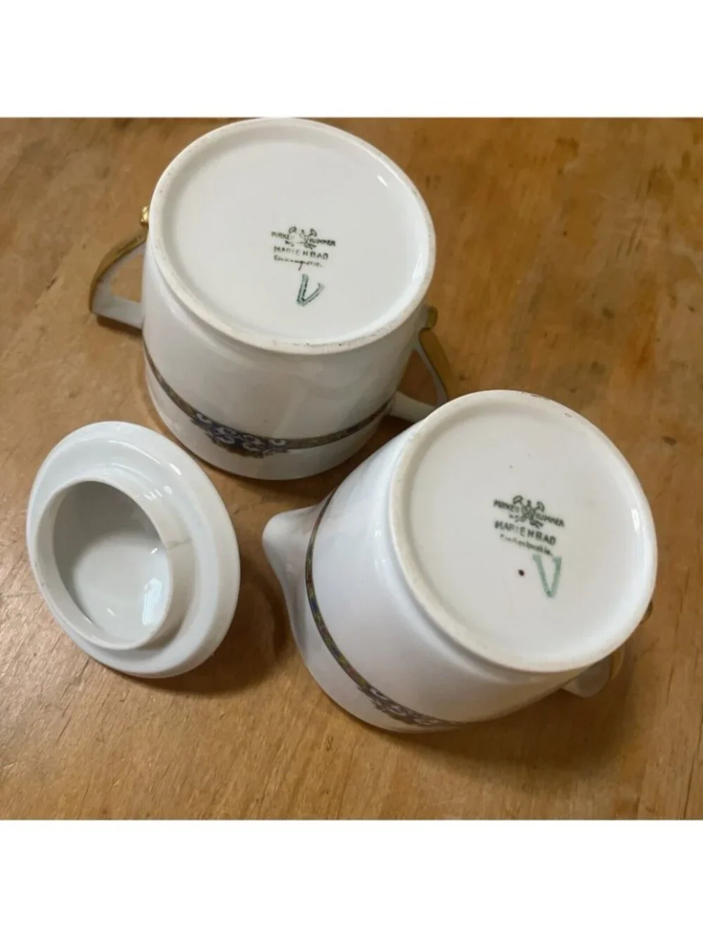 Pirkenhammer Czechoslovakia Cream & Sugar w/ Lid marienbad Gilded Blue Floral